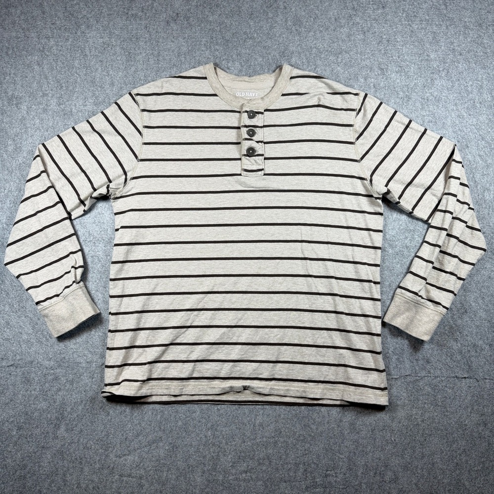 Old Navy Mens Striped Henley Shirt Large Beige Brown Cotton Long Sleeve